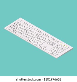 Modern white computer keyboard on green background. Isometric illustration. 3d office equipment Minimalistic vector style.