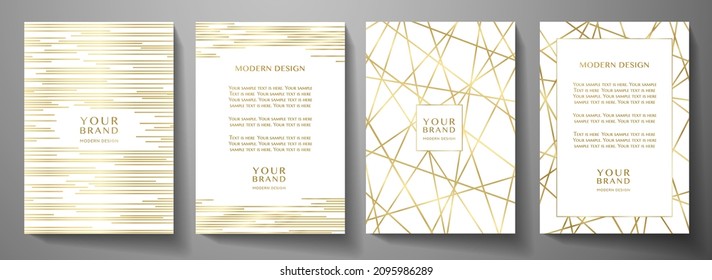 Modern white cover design set. Luxury dynamic gold circle, line pattern. Creative premium stripe vector background for business catalog, brochure template, notebook, invite