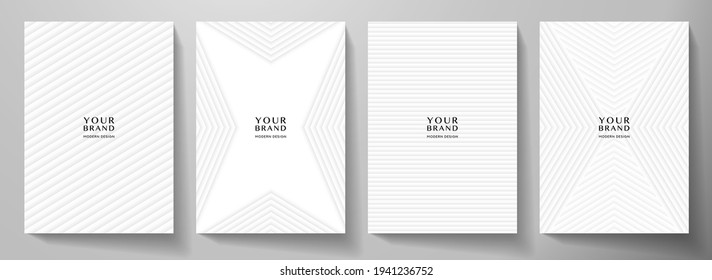 Modern white cover, frame design set. Creative abstract with diagonal dynamic line pattern (stripe) on background. Premium vector collection for business brochure, catalog template, booklet layout