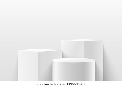 Modern white cube and cylinder step pedestal podium with white wall scene background. Abstract vector rendering 3d shape for cosmetic products presentation. Minimal empty studio room.
