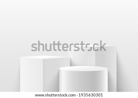 Modern white cube and cylinder step pedestal podium with white wall scene background. Abstract vector rendering 3d shape for cosmetic products presentation. Minimal empty studio room.