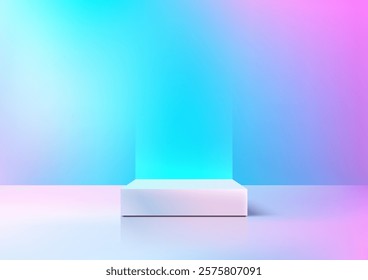 Modern white cube platform set against a vibrant gradient backdrop in blue and pink hues. Perfect for abstract product displays, mockups, and clean, minimalist presentation designs