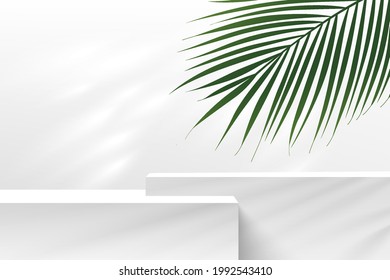 Modern white cube steps pedestal podium with green palm leaf. Geometric platform in shadow. Abstract white and gray minimal wall scene. Vector rendering 3d shape Cosmetic product display presentation.