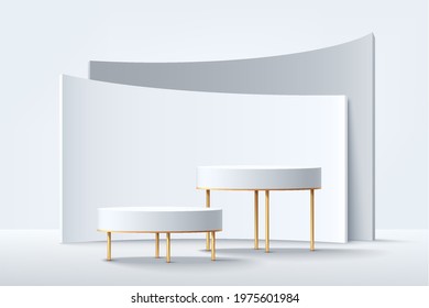 Modern white cylinder and golden easel pedestal podium. White and gray color minimal wall scene with geometric backdrop. Vector rendering 3d shape, Product display presentation. Abstract room concept.
