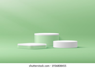 Modern white cylinder, green cube pedestal podium, Light green empty room with window shadow. Abstract vector rendering 3d shape, Cosmetic products display presentation. Pastel room minimal scene.