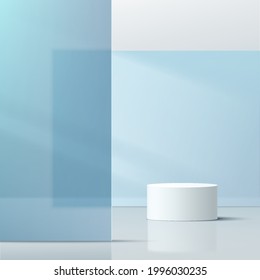 Modern white cylinder pedestal podium with blue glass geometric square overlap backdrop. Abstract pastel blue color minimal wall scene. Vector rendering 3d shape, cosmetic product display presentation