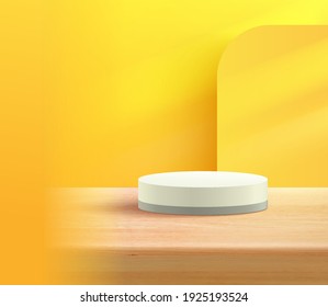 Modern white cylinder podium with bright yellow empty room and wood texture background. Abstract vector rendering 3D shape for advertising product display. Minimal studio room scene concept.