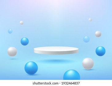 Modern white cylinder podium float in the air on pastel empty room background with white and blue sphere decorate. Abstract vector rendering 3d shape for product display. Pastel minimal scene concept.