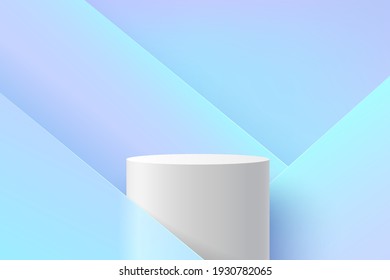 Modern white cylinder podium with light blue empty room and geometric pattern background. Abstract vector rendering 3d shape for advertising product display. Pastel minimal scene studio room concept.