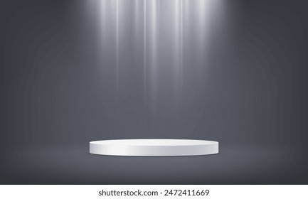 Modern white cylinder podium with light black empty room background. 3D abstract studio room with pedestal podium. Space for selling products on the website. Business backdrop.