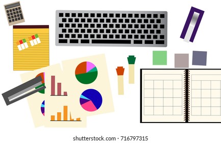 Modern white desk top view with keyboard, graphs, notebook, notepad, paper documents, pen, stapler and calculator. Business research and analysis concept illustration vector.
