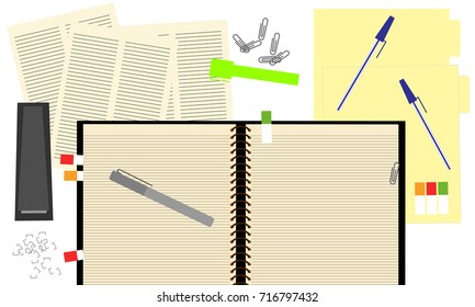 Modern white desk top view with open notebook planner, paper documents, clips, stapler and pins. Business plan and financial planning concept illustration vector.
