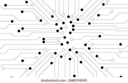 Fondo digital blanco moderno con líneas delgadas negras y cables de circuito circular en la placa de circuito AI. Tecnología bg. Abstractas Anuncio de Web elegante para la presentación. Ilustración vectorial tecnológica.