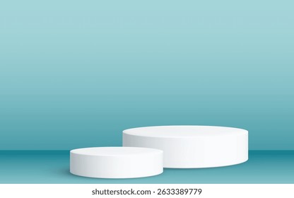 Modern white dual-level podium set with 3D shading, perfect for award ceremonies, speaker platforms, or business presentations. Clean light blue backdrop included.