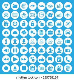 Modern white flat icon set of web, multimedia and business icons on a blue background