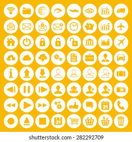Modern white flat icon set of web, multimedia and business icons on a yellow background