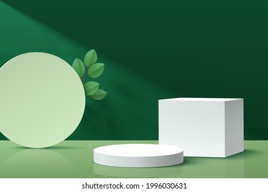 Modern white geometric pedestal podium with shadow. Abstract dark green minimal wall scene with circle backdrop and green leaf. Vector rendering 3d shape for cosmetic product display presentation.