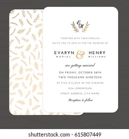 Modern White And Gold Colors Wedding Invitation Card Template Decorate With Hand Drawn Leaves Floral Pattern. Vector Illustration.