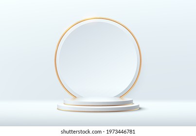 Modern white and gold cylinder pedestal podium. Silver color minimal wall scene with white and shiny golden circle backdrop. Vector rendering 3d shape, Product display presentation. Abstract room.