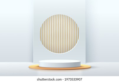 Modern white and gold cylinder pedestal podium. Silver color minimal wall scene. Geometric backdrop with vertical golden stripe. Vector rendering 3d shape, Product display presentation. Abstract room.