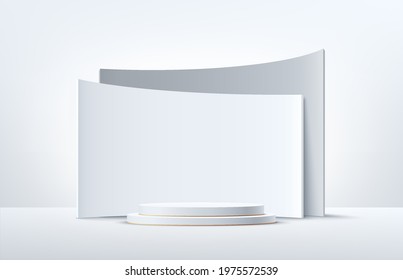 Modern white and gold cylinder pedestal podium. White and gray color minimal wall scene with geometric backdrop. Vector rendering 3d shape, Product display presentation. Abstract room concept. 