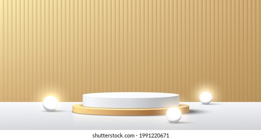 Modern white and gold cylinder pedestal podium with neon sphere ball. Abstract golden color minimal scene. Vertical stripes texture backdrop. Vector rendering 3d shape, Product display presentation.