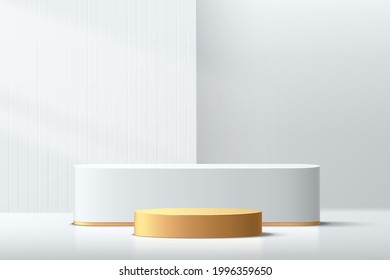 Modern white, gold cylinder pedestal podium. White and gray minimal wall scene with square backdrop and vertical line texture . Abstract vector rendering 3d shape, Product display presentation.