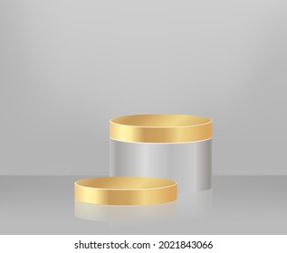 Modern white and gold cylinder pedestal podium, minimal, Stage for awards on website,  Abstract room,
