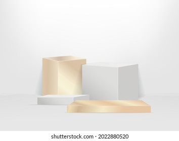 Modern white and gold cylinder pedestal podium, minimal, Stage for awards on website,  Abstract room,