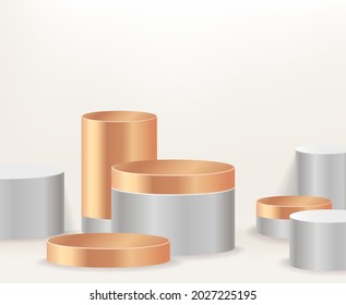 Modern white and gold cylinder pedestal podium, minimal, Stage for awards on website,  Abstract room,