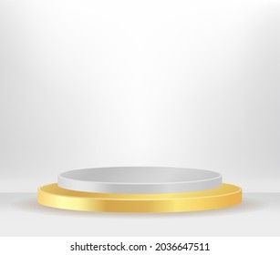 Modern white and gold cylinder pedestal podium, minimal, Stage for awards on website,  Abstract room,