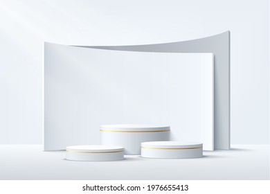 Modern white and gold cylinder steps pedestal podium. White and gray color minimal wall scene with geometric backdrop. Vector rendering 3d shape, Product display presentation. Abstract room concept. 