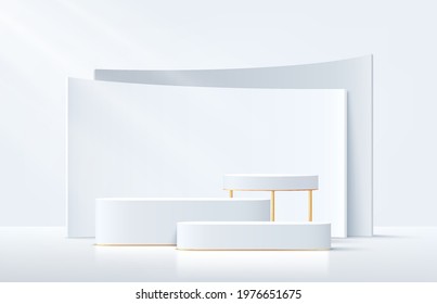 Modern white and gold geometric pedestal podium. White and gray color minimal wall scene with geometric shape backdrop. Vector rendering 3d shape, Product display presentation. Abstract room concept. 