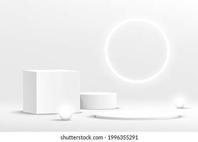 Modern White, Gray Geometric Pedestal Podium With Neon Sphere Ball. Abstract White Minimal Wall Scene With Glowing Neon Ring Backdrop. Vector Rendering 3d Shape Cosmetic Product Display Presentation