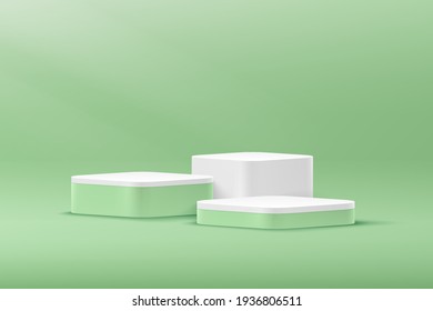 Modern white and green cube pedestal podium, Light green empty room. Abstract vector rendering 3d shape, Cosmetic products display presentation. Pastel minimal scene studio room.