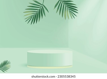 Modern White and Green Cylinder Podium with Coconut Leaf Backdrop - 3D Product Display