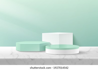 Modern white and green geometric podium with green empty room and marble pattern background. Abstract vector rendering 3d shape for advertising product display. Minimal scene studio room concept.