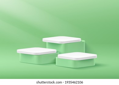 Modern white and green round corner cube pedestal podium in light green empty room. Abstract vector rendering 3d shape for cosmetic products display presentation. Pastel minimal scene studio room.