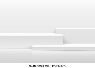 Modern white and grey cube pedestal podium. Geometric steps platform. White minimal wall scene. Vector rendering 3d shape for Product display presentation. Abstract studio room concept. EPS10 vector.