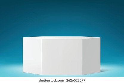 Modern white hexagonal podium on a gradient blue background, ideal for product displays, award ceremonies, or minimalist 3D mockups. Perfect for corporate, event, or luxury branding projects.