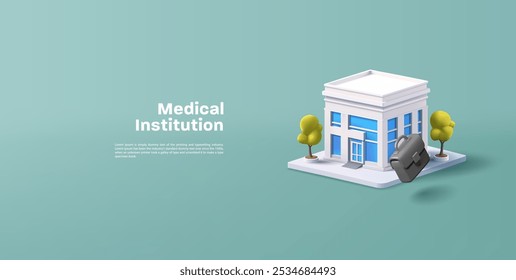 Moderno edifício branco do hospital, pasta, 3D. Banner para instituto médico, farmácia, clínica privada, estomatologia. Vetor