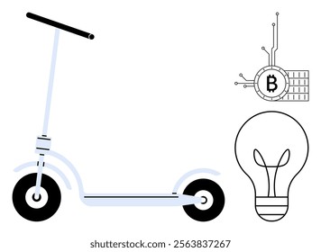 Modern white kick scooter, Bitcoin icon with circuit lines, and a lightbulb outline. Ideal for urban mobility, cryptocurrency, technological innovation, energy efficiency, and modern design themes