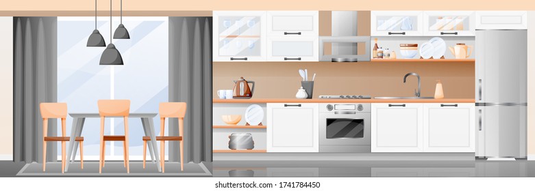 Modern white kitchen and dining room interior. Vector flat cartoon illustration. Contemporary home background. House furniture design elements