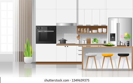 Modern white kitchen interior background , vector , illustration