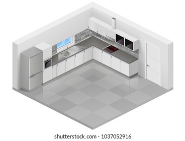 Modern white kitchen in isometric projection. Design scheme of interior furniture. Vector graphics
