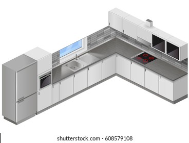Modern white kitchen in isometric projection. Design scheme of interior furniture. Vector graphics