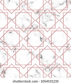 Modern white marble texture with pink foil geometric lines pattern. Background for designs banner, card, flyer, invitation, party, birthday, wedding, placard, magazine, web
