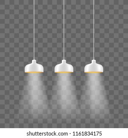 Modern white metallic lamp-shade electric illumination set. Loft ceiling lights isolated on the transparent background. Minimalistic interior design.