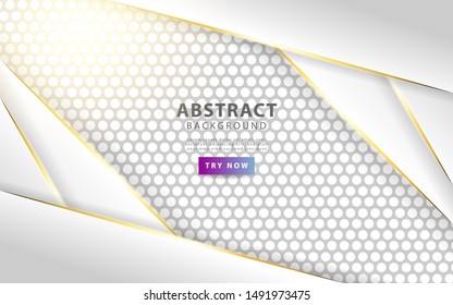 modern white overlay layers background. Realistic light effect on textured grey circle background. with golden line and light rays. vector illustration.