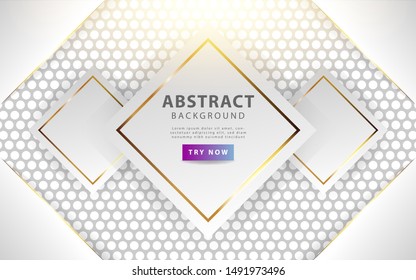modern white overlay layers background. Realistic light effect on textured grey circle background. with golden line and light rays. vector illustration.